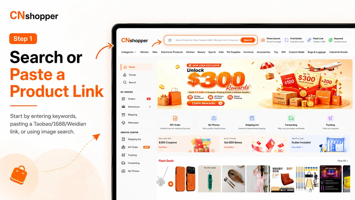 Official desktop guide image: search for a product or paste its link.