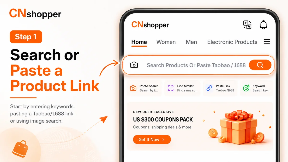 Official mobile guide image: search for a product or paste its link.