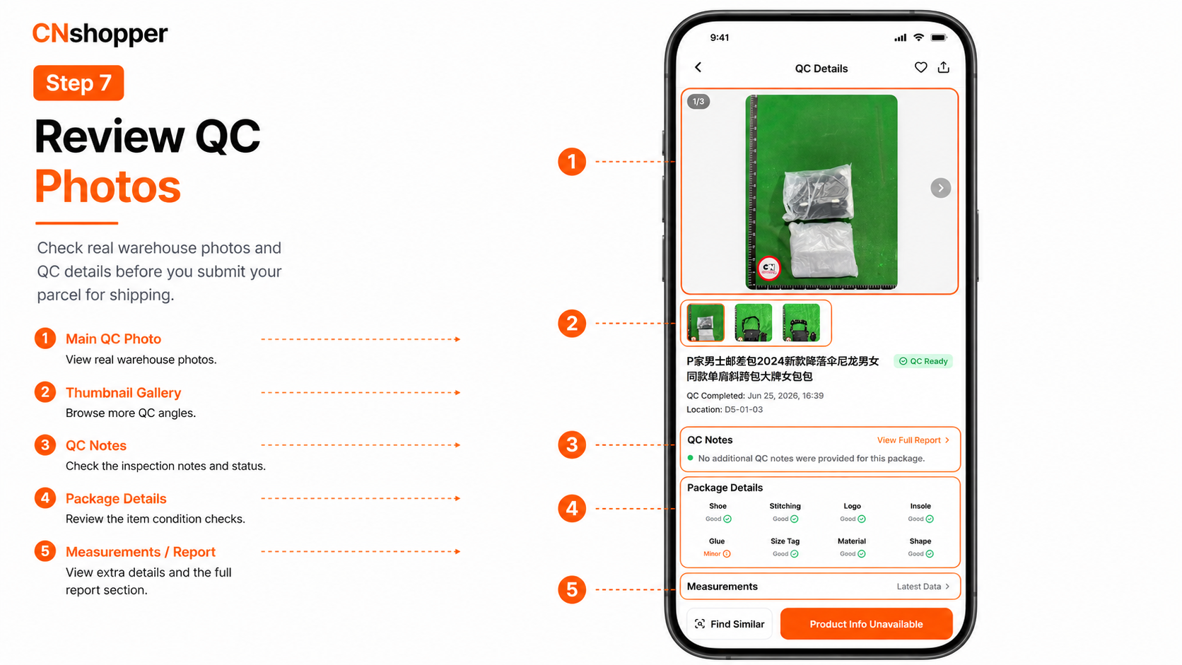 Official mobile guide image: review qc photos before international shipping. The artwork’s Step 7 label is preserved; this is Step 8 in the published page.