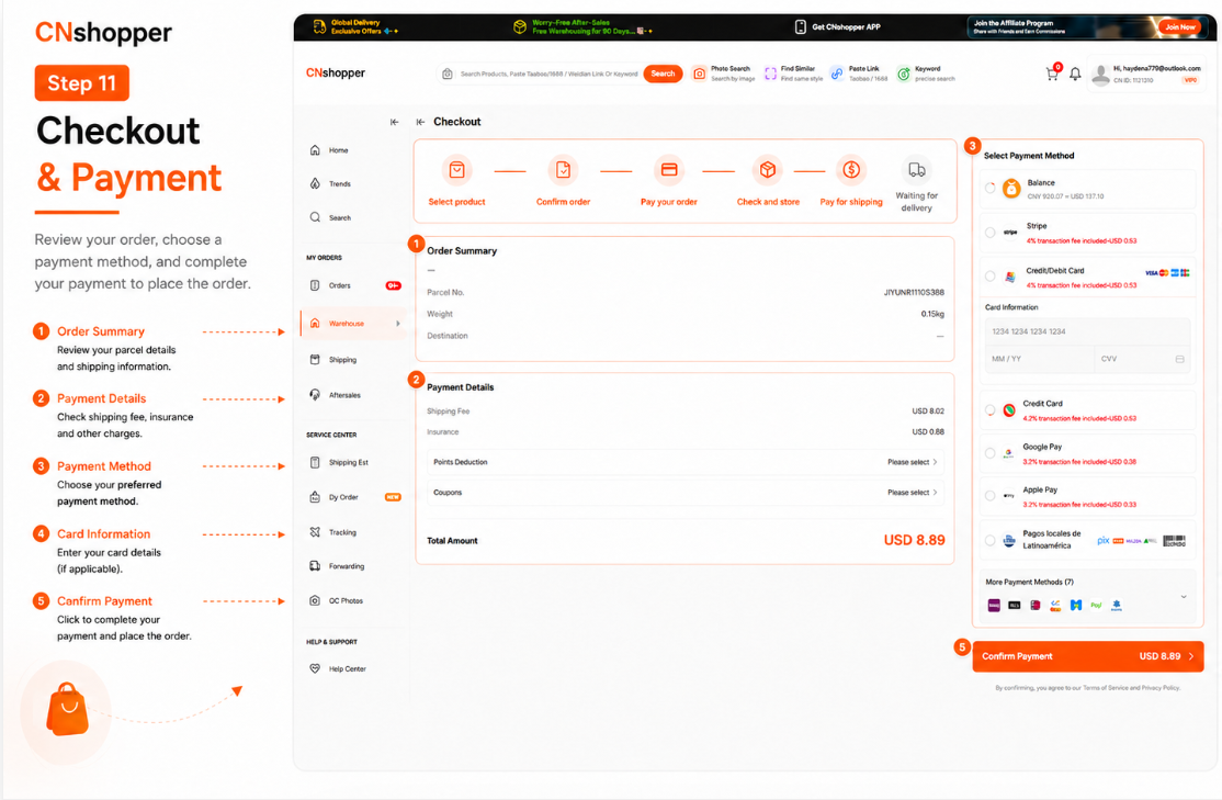 Official desktop guide image: pay international shipping.