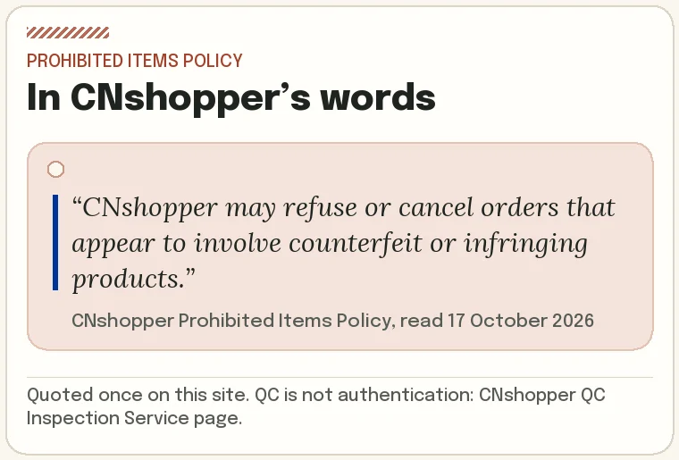 Quotation from CNshopper’s Prohibited Items Policy about refusing or cancelling orders that appear to involve counterfeit or infringing products