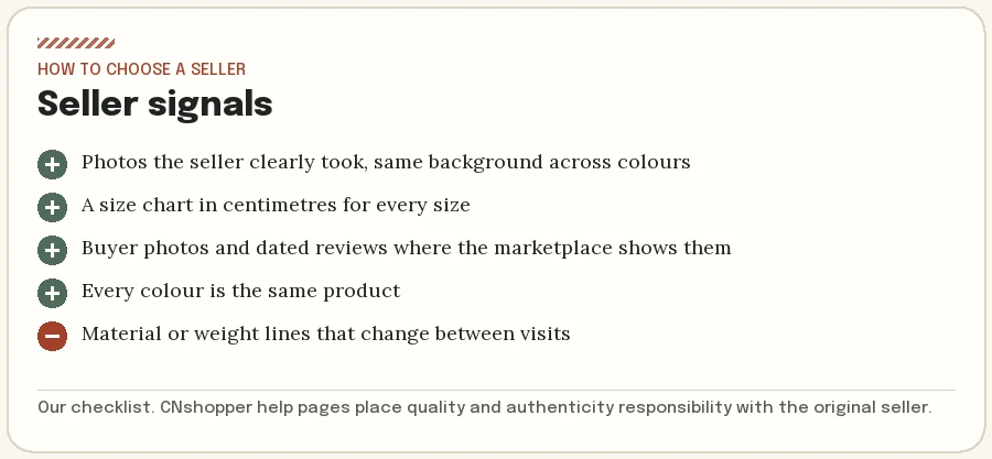 Five seller signals on a marketplace listing: own photos, real size chart, buyer photos, colour consistency, stable details