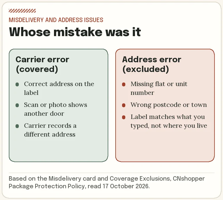 Comparison of a carrier error, which the Misdelivery card covers, and an address error, which it excludes