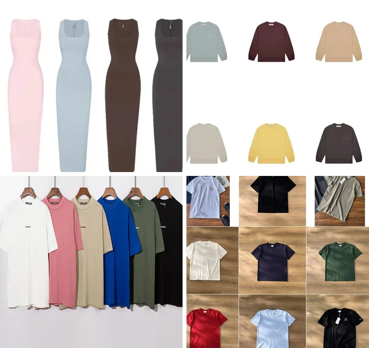 Four catalogue photos: slip dresses in soft colours, plain crewneck sweatshirts, tees on hangers, and plain tees laid on a wooden floor