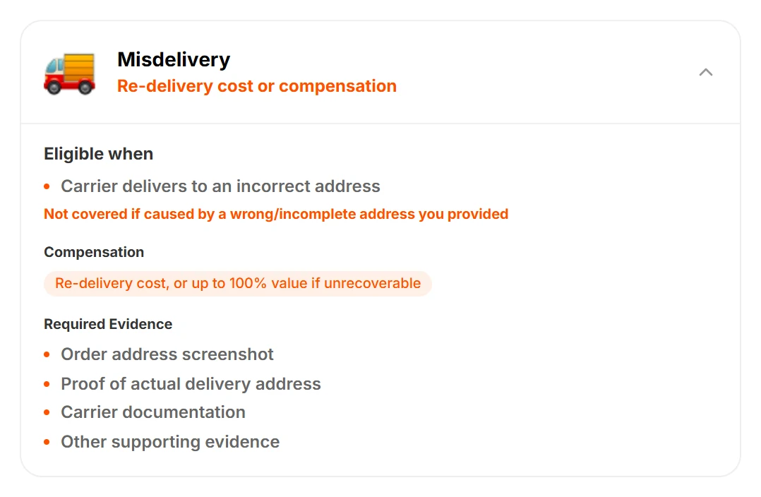 Screenshot of the Misdelivery coverage card with its eligibility lines and required evidence: order address screenshot, proof of actual delivery address, carrier documentation, other supporting evidence