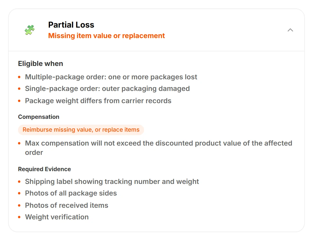 Screenshot of the Partial Loss coverage card: three eligibility situations, reimbursement or replacement capped at the discounted product value, and four evidence items
