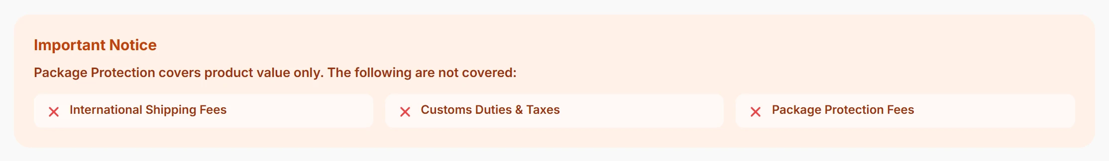 Screenshot of the Important Notice: Package Protection covers product value only; not covered are international shipping fees, customs duties and taxes, and Package Protection fees