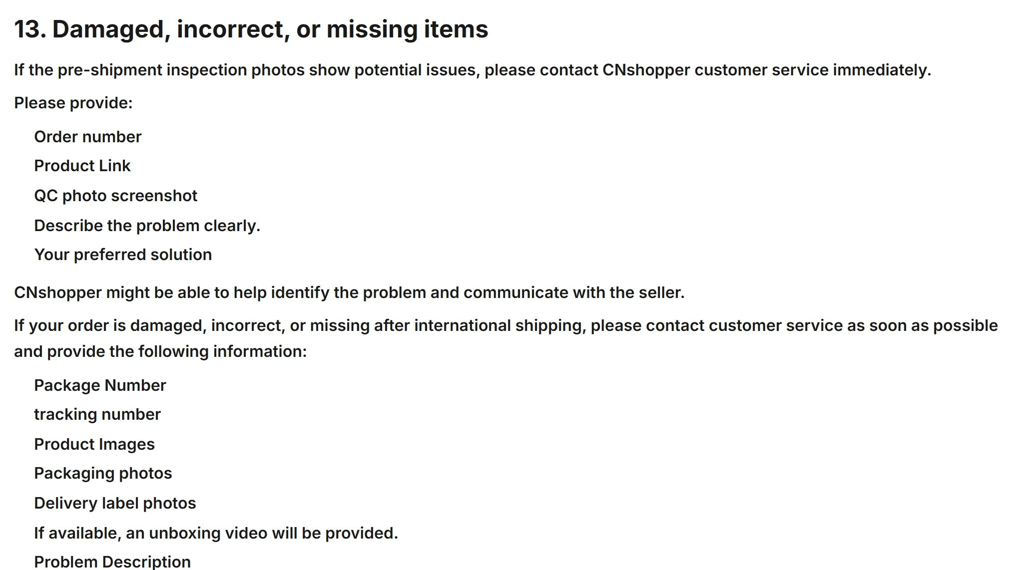 Screenshot of section 13 of CNshopper’s Return and Refund Policy, Damaged, incorrect, or missing items