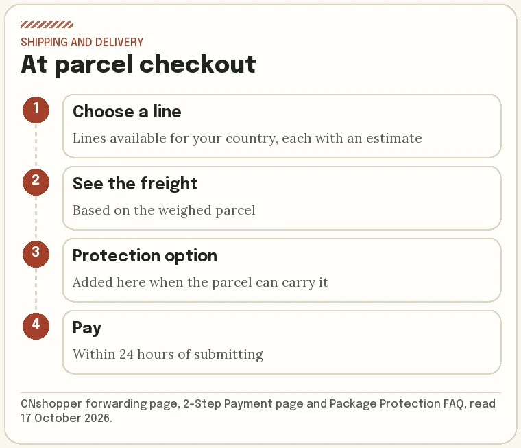 The parcel checkout screen in outline: shipping line, freight, delivery estimate, protection option, payment